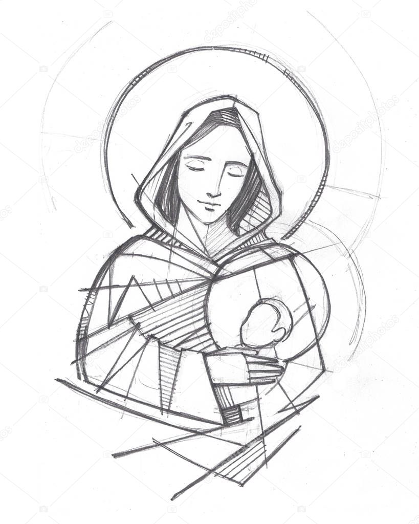 Virgin Mary and baby Jesus hand drawn pencil illustration
