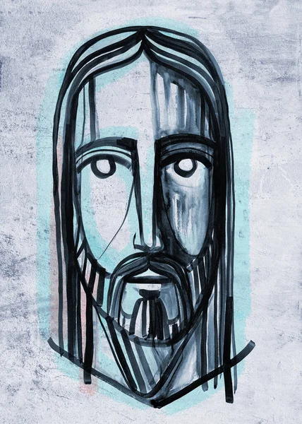 Hand Getekende Inkt Illustratie Tekening Van Jezus Christus Gezicht — Stockfoto