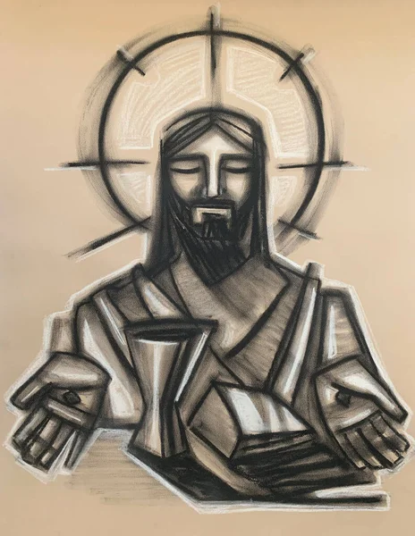 Handgetekende Illustratie Tekening Van Jezus Christus Eucharistiesymbolen — Stockfoto