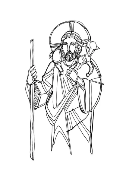 Illustrazione Digitale Disegno Gesù Cristo Buon Pastore — Vettoriale Stock