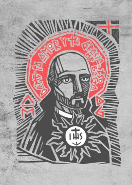 Hand drawn illustration or artistic drawing of the Jesuit Saint Ignatius of Loyola with phrase in spanish that means: Give me your love and grace, that is enough clipart