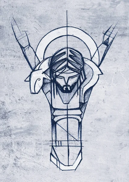 Hand drawn illustration or artistic drawing of Jesus Christ Good Shepherd at the Crucifixion