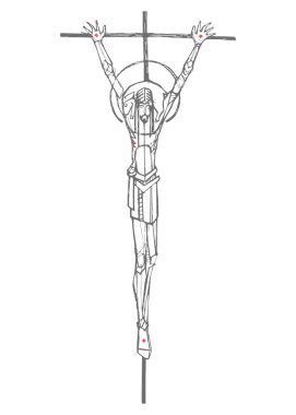 Çarmıha gerilme töreninde İsa Mesih 'in el çizimi ya da sanatsal çizimi.