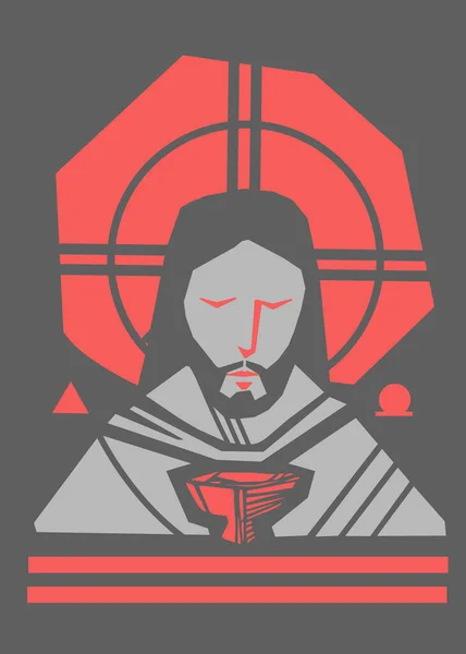 手描きのイラストやイエス キリストの顔と聖体のシンボルの芸術的な図面 — ストックベクタ