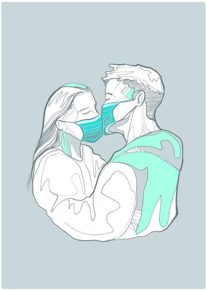 Hand Drawn Vector Illustration Drawing Couple Kissing Wearing Masks — Stock Vector