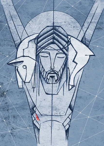 Handritad Illustration Eller Teckning Jesus Kristus Shepherd Vid Korset — Stockfoto