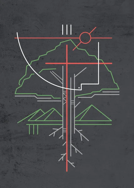 Χειροποίητη Απεικόνιση Σχέδιο Μερικών Χριστιανικών Συμβόλων Ενός Δέντρου Ενός Βουνού — Φωτογραφία Αρχείου