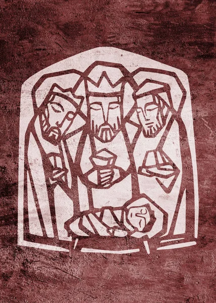 Hand drawn illustration or drawing of the three wise men and baby Jesus Christ