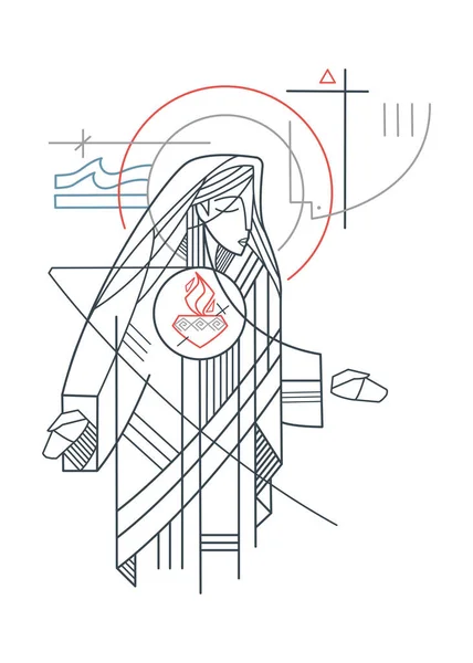 Handritad Illustration Eller Teckning Jungfru Maria Och Hennes Obefläckade Hjärta — Stock vektor