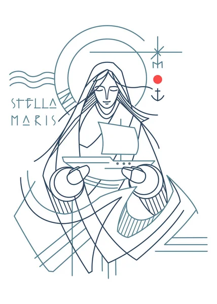 Handritad Illustration Eller Teckning Jungfru Maria Som Stjärnan Havet Och — Stock vektor