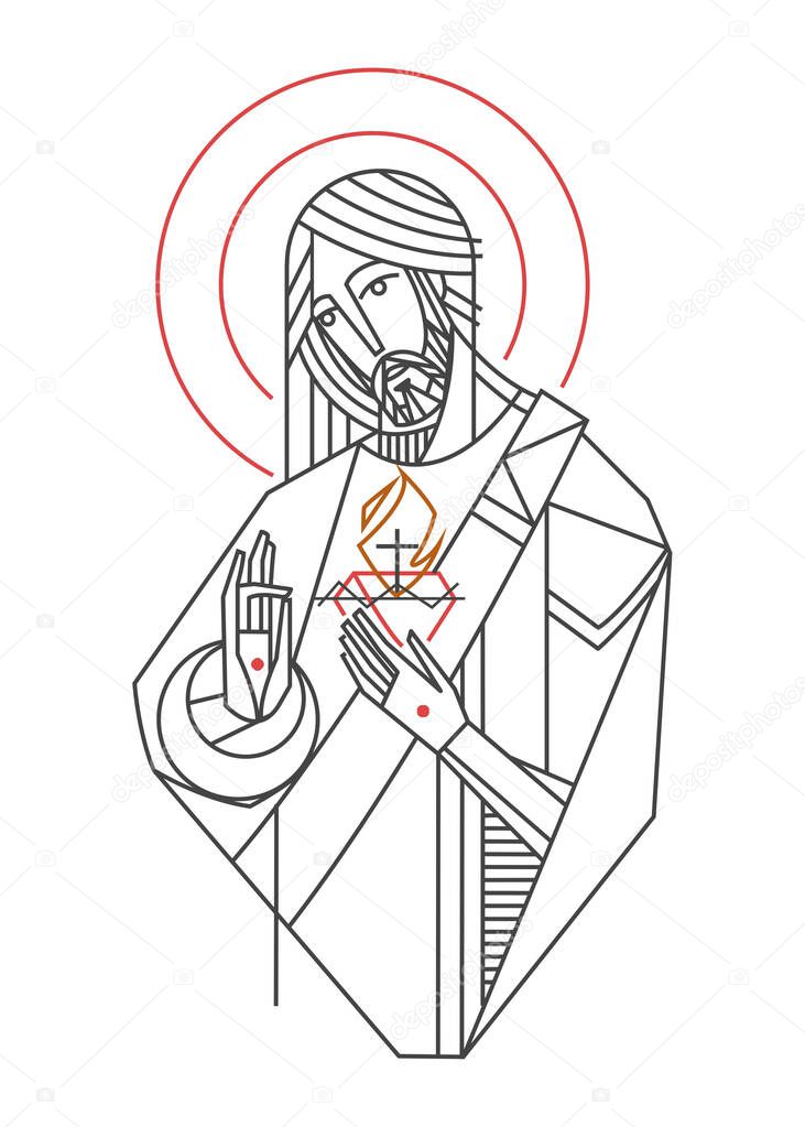 Hand drawn vector illustration or drawing of Jesus Christ Sacred Heart
