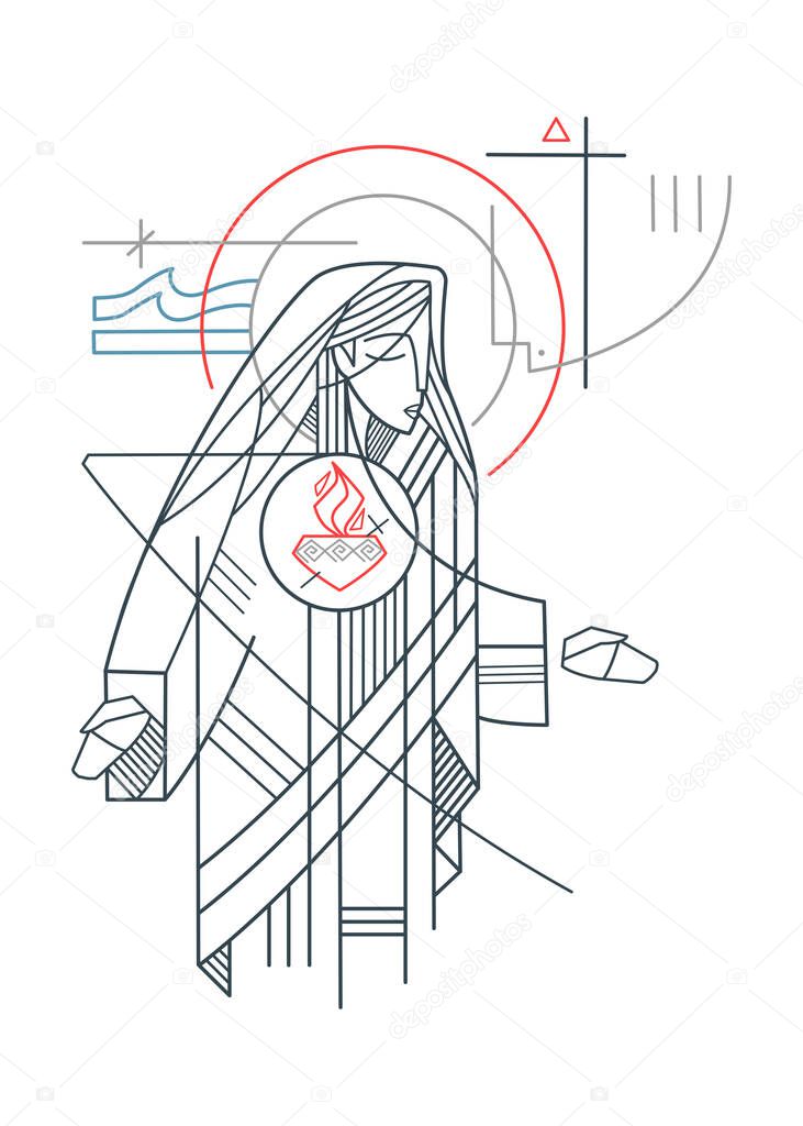 Hand drawn illustration or drawing of Virgin Mary and her Immaculate Heart