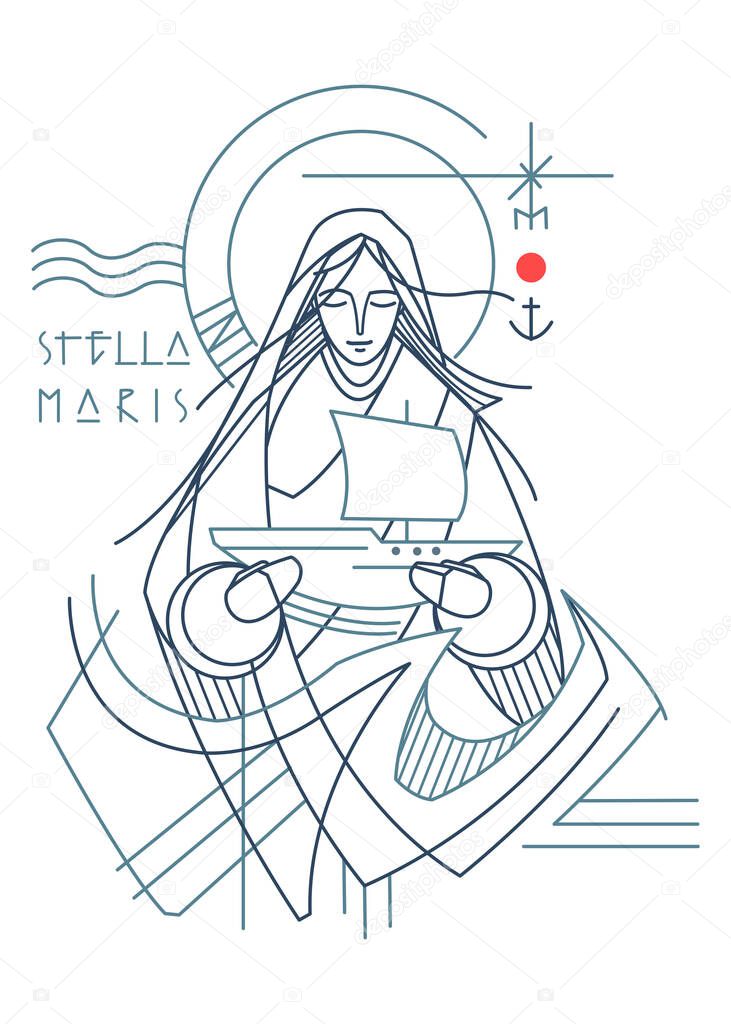 Hand drawn illustration or drawing of the Virgin Mary as the Star of the Sea and a text in latin that means: Star of the Sea
