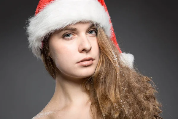 Young Pretty Girl Santa Claus Hat — Stock Photo, Image