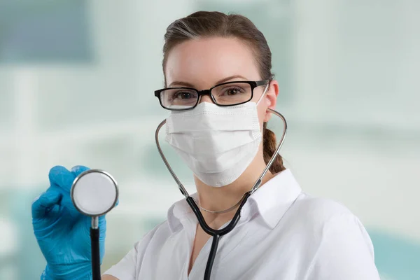 Female Doctor Nurse Medical Face Mask Medical Gloves Protection — Stock Photo, Image