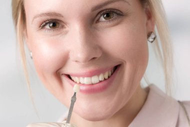 Dişçinin kapağını kapatın. Kadının ağzındaki gölgelik rehberi kullanarak kontrol edin. 