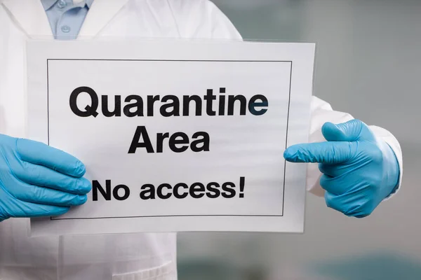 Doctor Hand Medical Gloves Showing Quarantine Sign Front — Stock Photo, Image