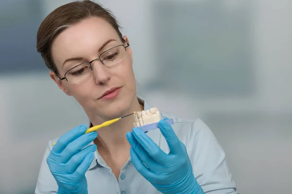 Жінка Стоматолог Працює Над Зубними Частинами Стоматологічному Кабінеті — стокове фото