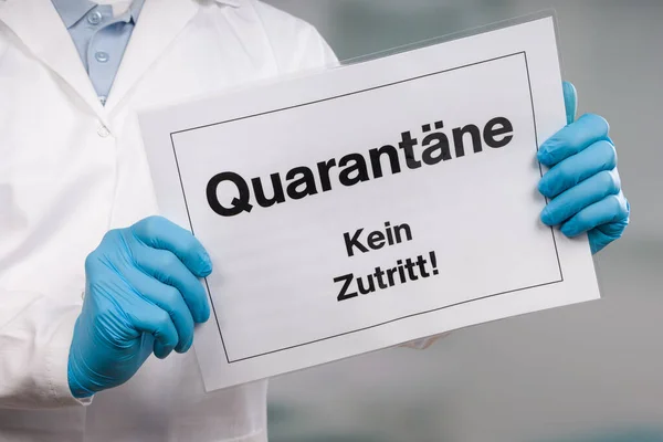 Doctor Hand Medical Gloves Showing Quarantine Sign Front — Stock Photo, Image