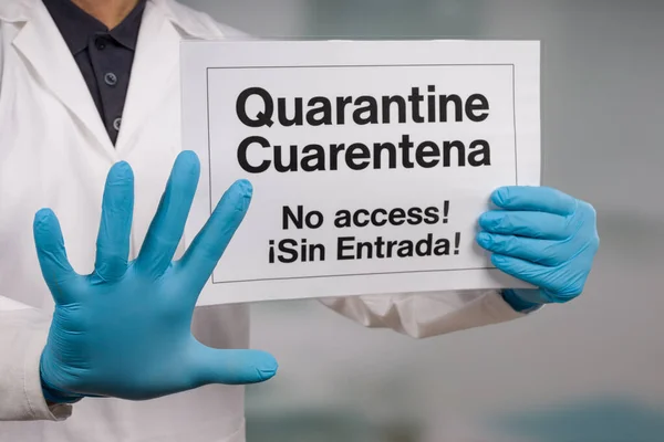 Doctor Hand Medical Gloves Showing Quarantine Sign Front — Stock Photo, Image