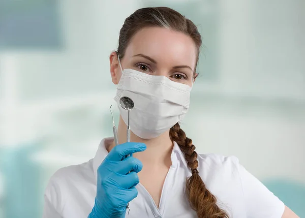 Dentist Assistant Female Dentist Dental Face Mask Holds — Stock Photo, Image