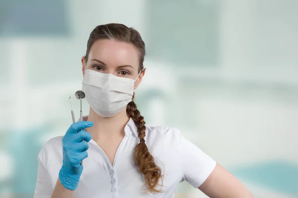 Dentist Assistant Female Dentist Dental Face Mask Holds — Stock Photo, Image