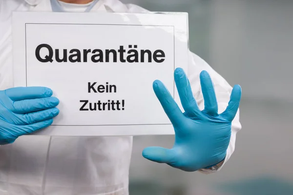 Doctor Hand Medical Gloves Showing Quarantine Sign Front — Stock Photo, Image