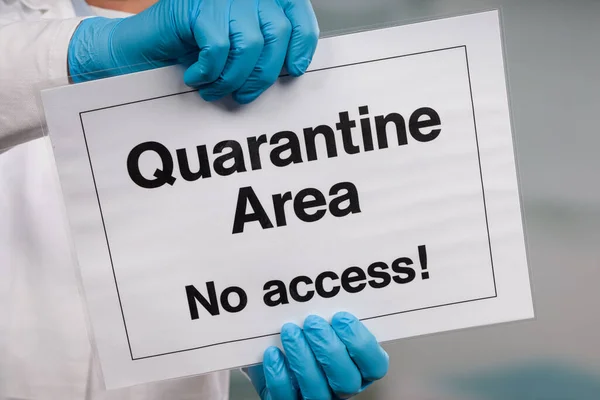 Doctor Hand Medical Gloves Showing Quarantine Sign Front — Stock Photo, Image