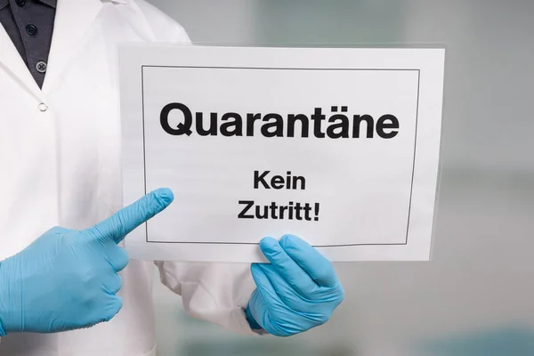 Doctor Hand Medical Gloves Showing Quarantine Sign Front — Stock Photo, Image