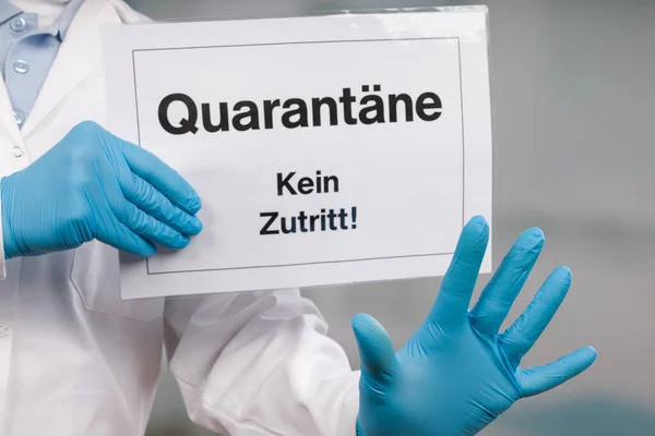 Doctor Hand Medical Gloves Showing Quarantine Sign Front — Stock Photo, Image