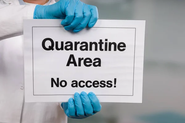 Doctor Hand Medical Gloves Showing Quarantine Sign Front — Stock Photo, Image