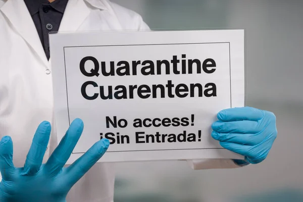 Doctor Hand Medical Gloves Showing Quarantine Sign Front — Stock Photo, Image