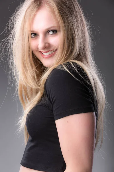 Young Sexy Blonde Woman Posing Photo Grey Photo Studio — Stock Photo, Image