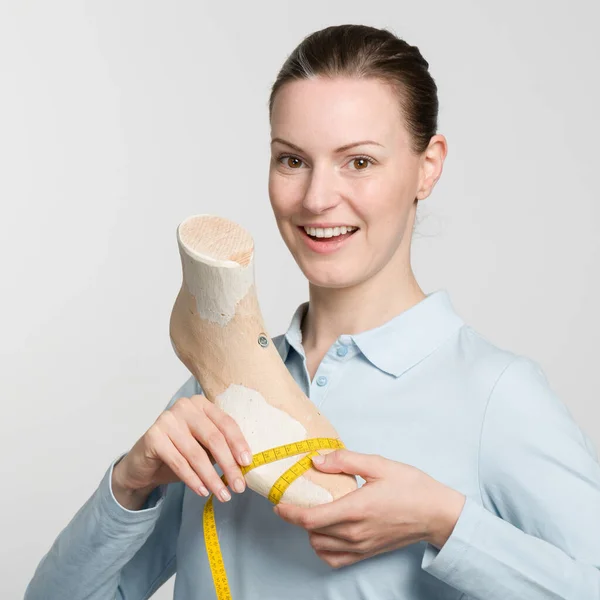 Proud Female Orthopedic Shoemaker Checking Measures Handmade Wooden Last — Stock Photo, Image