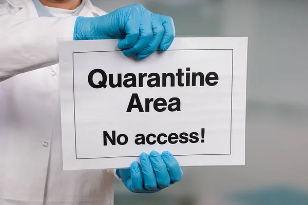 Doctor Hands Medical Gloves Showing Quarantine Sign Front Clinic Room — Stock Photo, Image