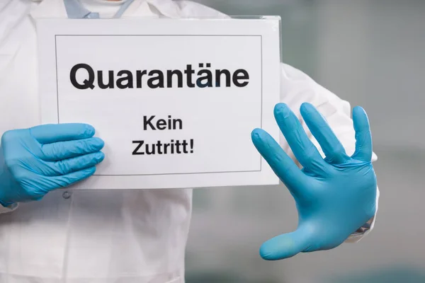 Doctor Hand Medical Gloves Showing Quarantine Sign Front Clinic Room — Stock Photo, Image