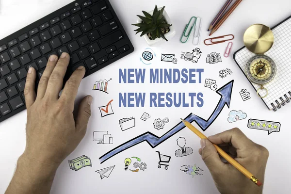 New Mindset New Results Blue Arrow Icons Hands Working Desk — Stock Photo, Image