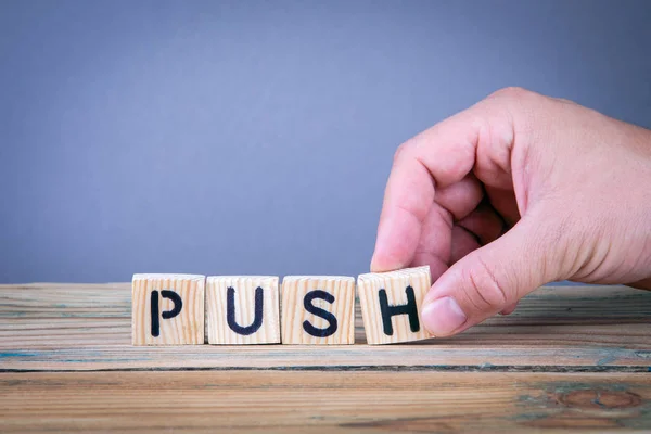 Push Wooden Letters Office Desk Informative Communication Background — Stock Photo, Image