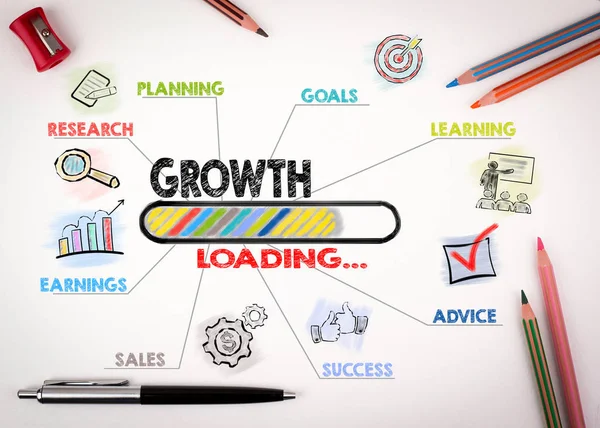 Crescimento, conceito de negócio. Gráfico com palavras-chave e ícones — Fotografia de Stock