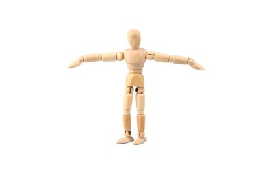 Beyaz bir arka plan üzerinde ahşap insan modeli