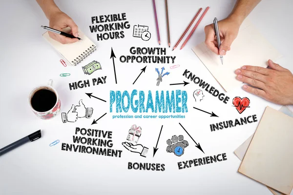 Profesión de programadores y oportunidades de carrera. Gráfico con palabras clave e iconos — Foto de Stock