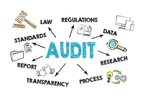 Ellenőrzési koncepció. Kulcsszavakkal és ikonokkal rendelkező diagram — Stock Fotó