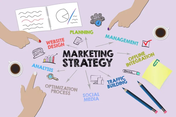 Estrategia de marketing Concepto. Gráfico con palabras clave e iconos — Foto de Stock