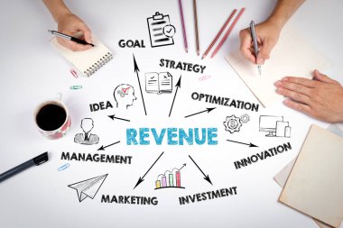 Gelir konsepti. Anahtar kelime ve simgeler içeren grafik