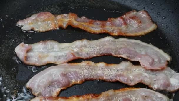 Bacon slice being cooked in frying pan — Stock Video