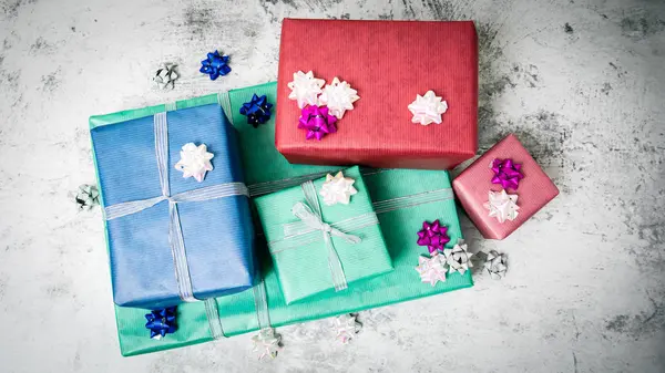 Christmas present boxes on a light marble background — Stock Photo, Image