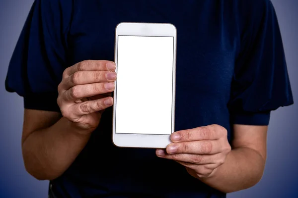 Schermo verticale del telefono in primo piano, posto per il testo. Donna con cellulare in mano — Foto Stock