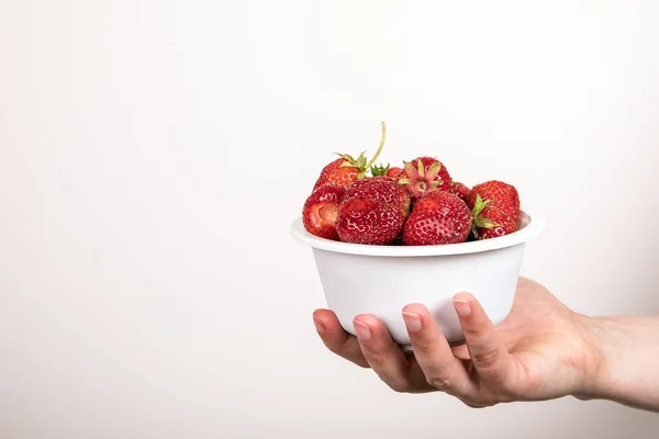 Fresas rojas de granja orgánica en tazón blanco sobre fondo blanco. Delicias de verano —  Fotos de Stock