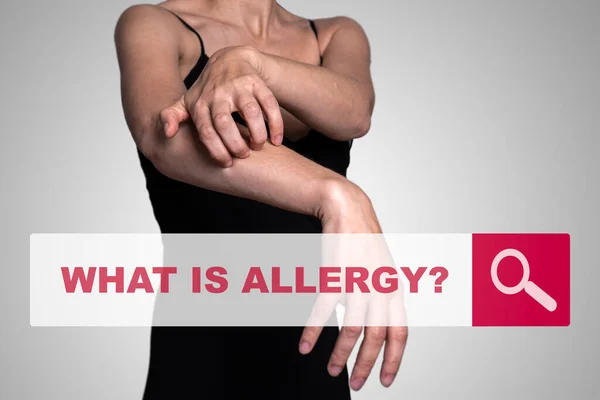 ¿Qué es la alergia? Salud de la piel, síntomas, estrés y concepto de tratamiento. Búsqueda de información — Foto de Stock