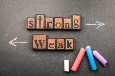 Tebeşir okları, bir karatahta arka planındaki Güçlü ve Zayıf kavramlar arasındaki zıtlığı göstermek için adım adım çiziliyor.